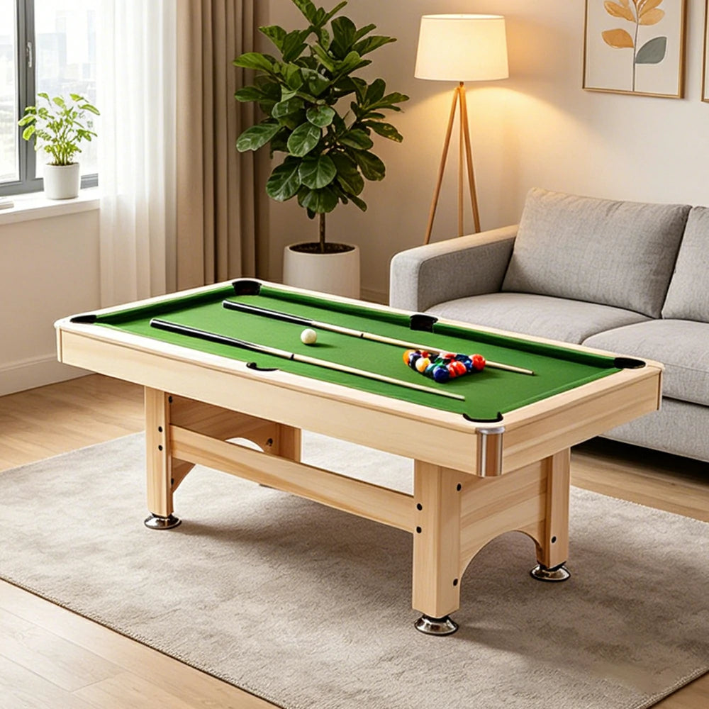 CUETIQ 1.93M Solid Wood Billiard Table with Green Felt for Home Game Room - Natural