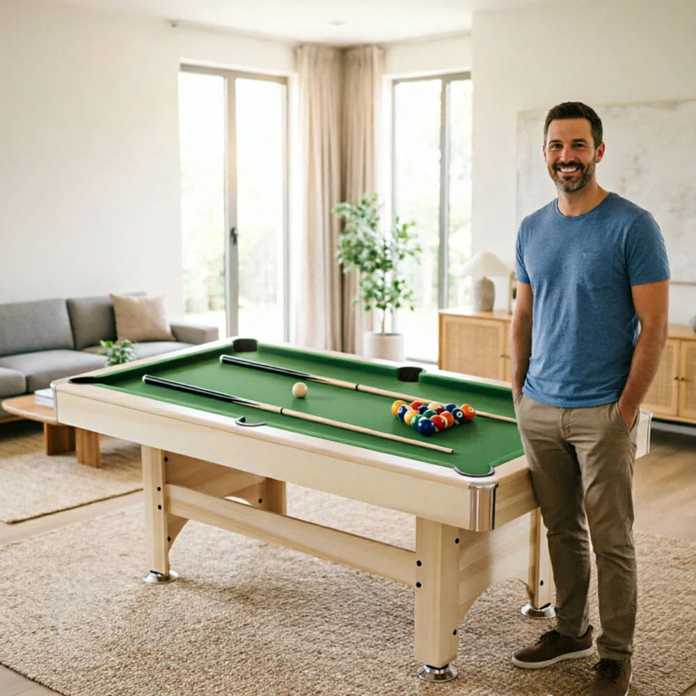 CUETIQ 1.93M Solid Wood Billiard Table with Green Felt for Home Game Room - Natural