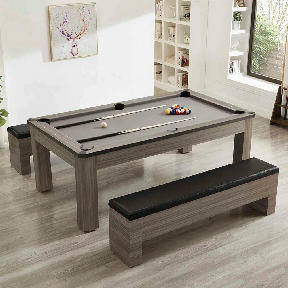 CUETIQ 7FT 3-in-1 MDF Billiard Dining Table with Storage Benches for Home - Grey