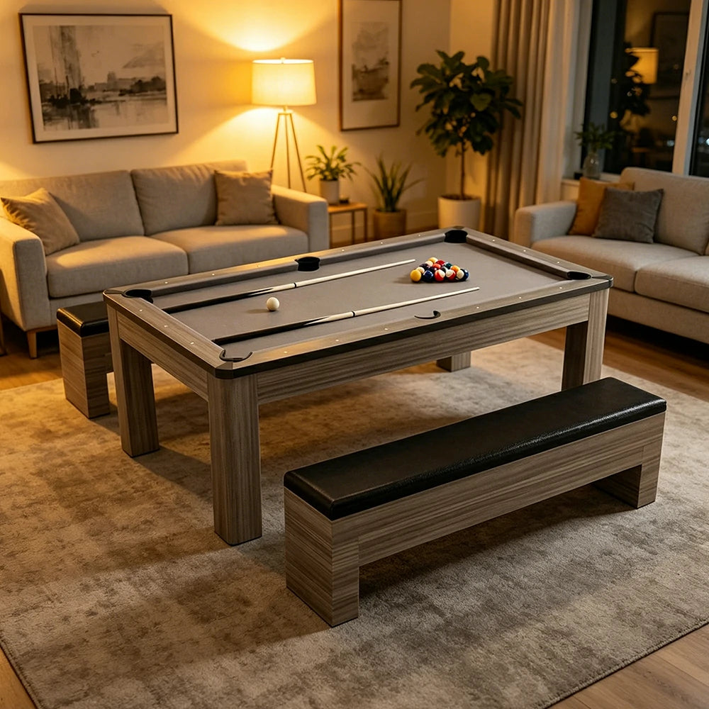 CUETIQ 7FT 3-in-1 MDF Billiard Dining Table with Storage Benches for Home - Grey