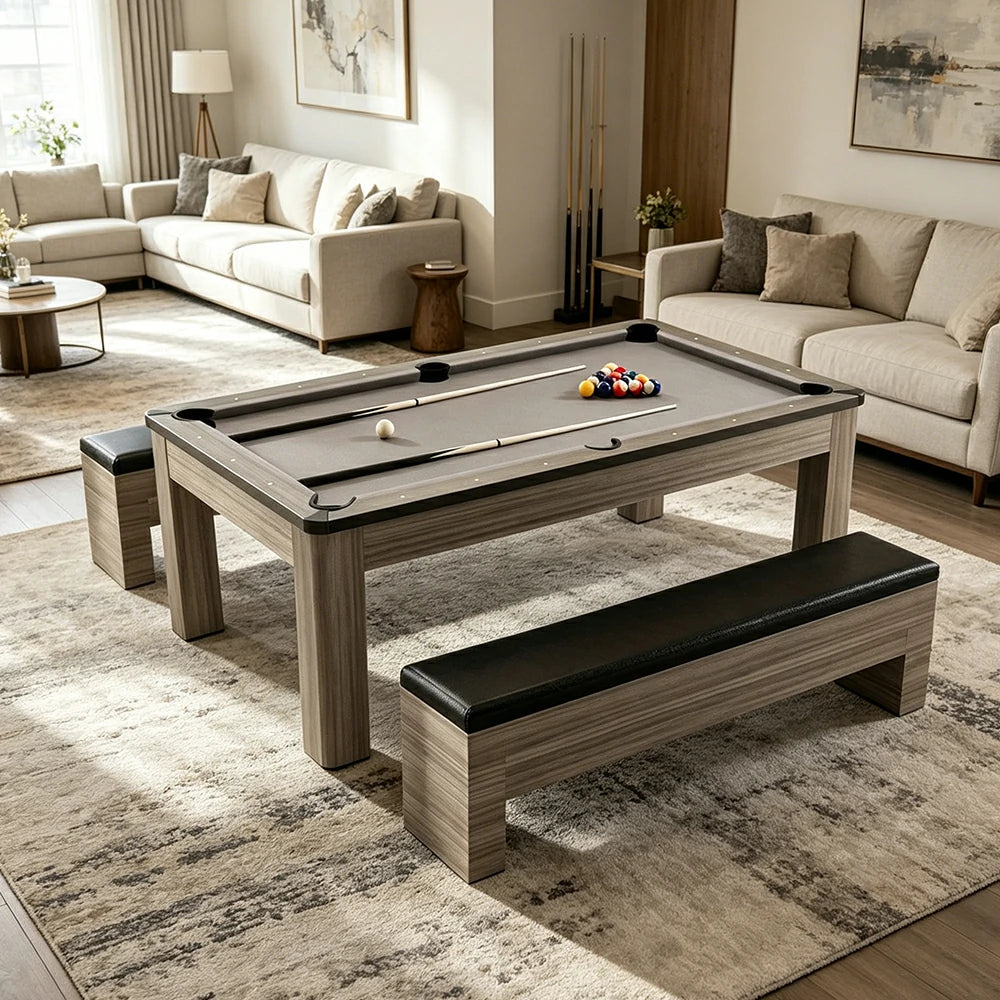CUETIQ 7FT 3-in-1 MDF Billiard Dining Table with Storage Benches for Home - Grey