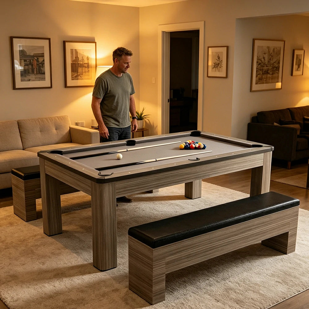 CUETIQ 7FT 3-in-1 MDF Billiard Dining Table with Storage Benches for Home - Grey