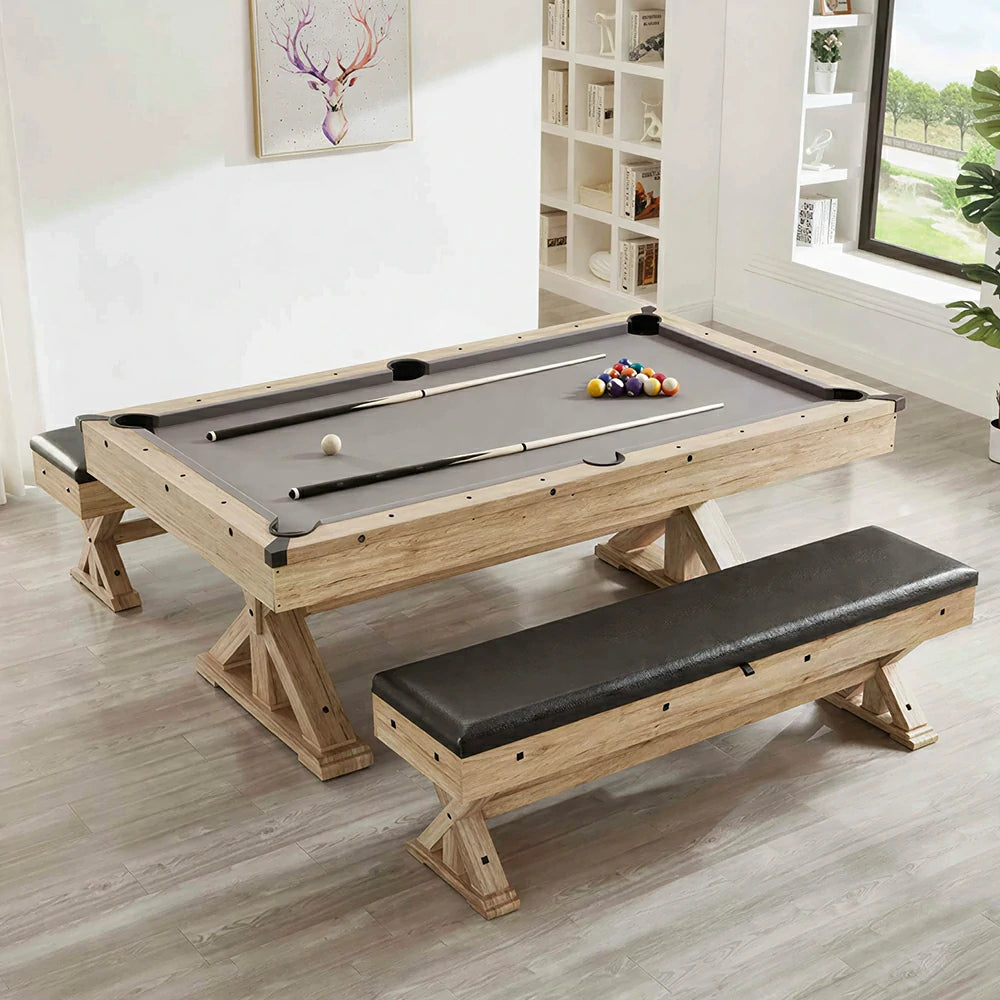 CUETIQ 7FT 3-in-1 MDF Billiard Dining Table with X-Leg Frame and Storage Bench - Natural