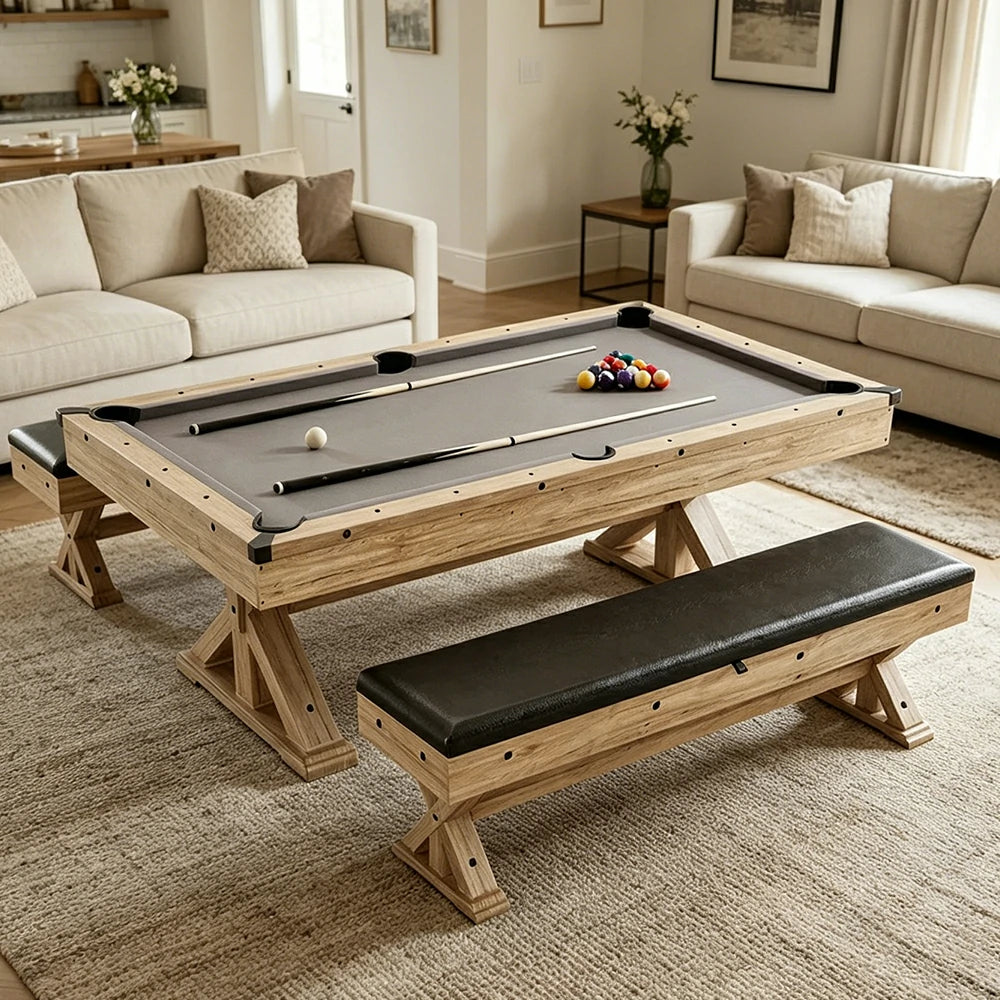CUETIQ 7FT 3-in-1 MDF Billiard Dining Table with X-Leg Frame and Storage Bench - Natural