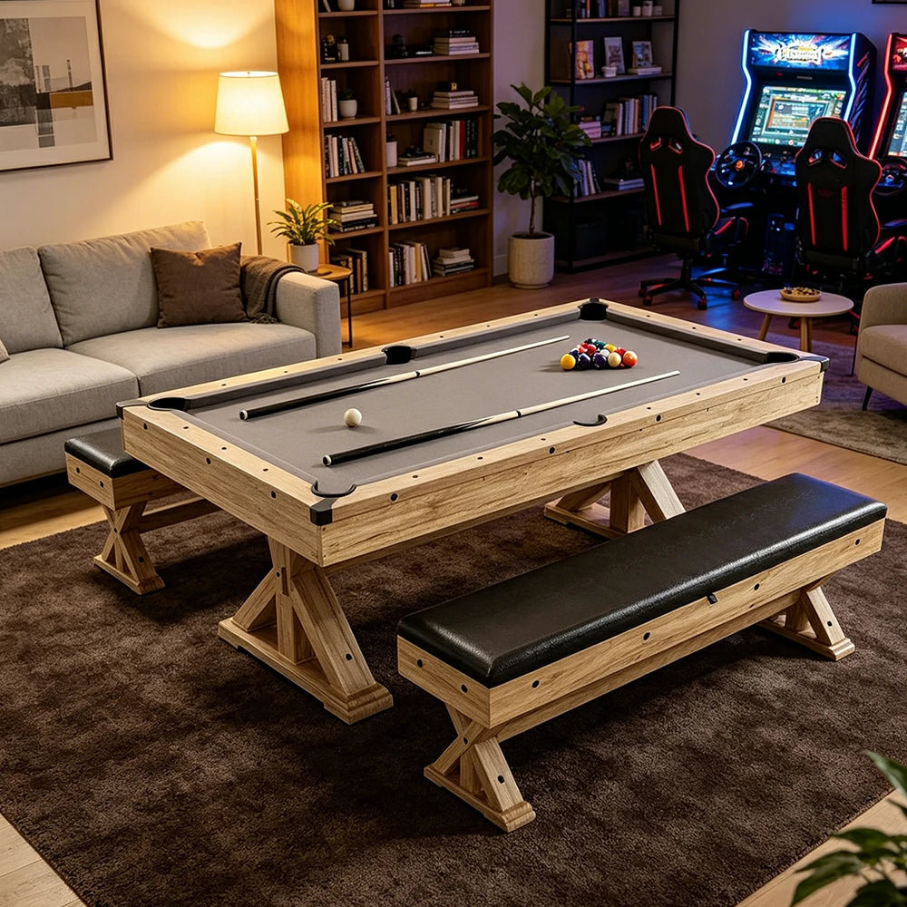 CUETIQ 7FT 3-in-1 MDF Billiard Dining Table with X-Leg Frame and Storage Bench - Natural