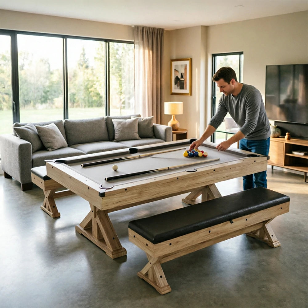 CUETIQ 7FT 3-in-1 MDF Billiard Dining Table with X-Leg Frame and Storage Bench - Natural