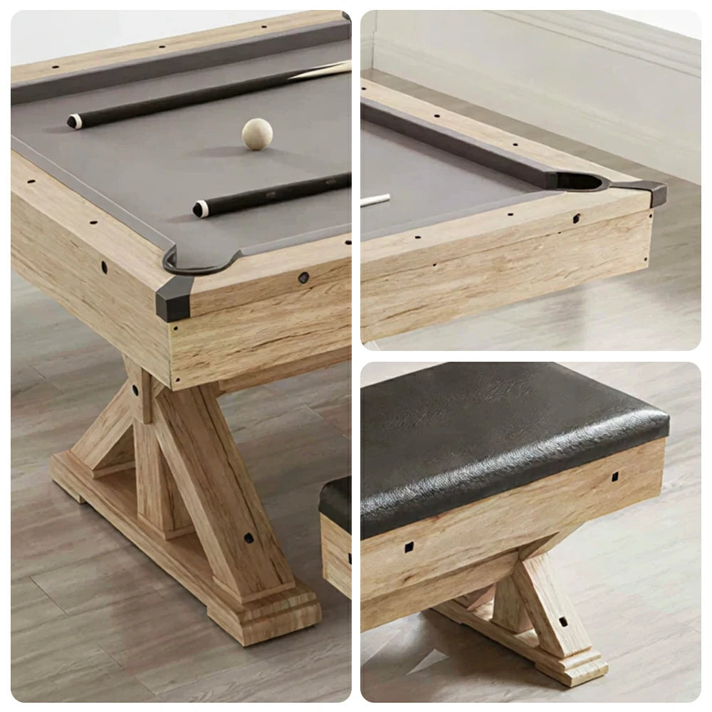 CUETIQ 7FT 3-in-1 MDF Billiard Dining Table with X-Leg Frame and Storage Bench - Natural