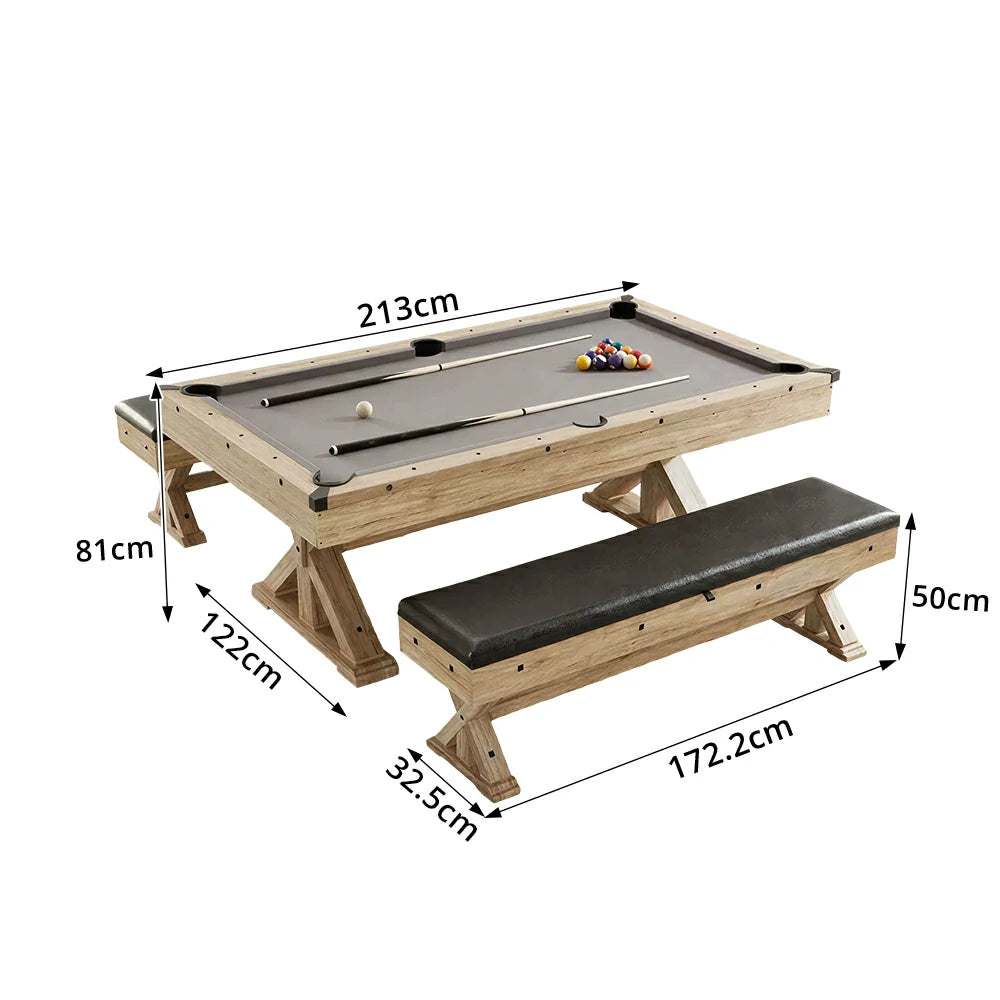 CUETIQ 7FT 3-in-1 MDF Billiard Dining Table with X-Leg Frame and Storage Bench - Natural
