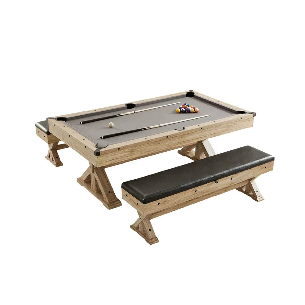CUETIQ 7FT 3-in-1 MDF Billiard Dining Table with X-Leg Frame and Storage Bench - Natural