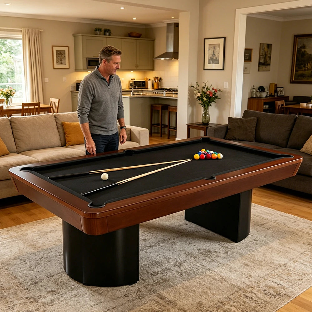 CUETIQ 7/8/9FT Solid Wood Billiard Table with Marble Base and Twin Pedestal Legs - Walnut Black
