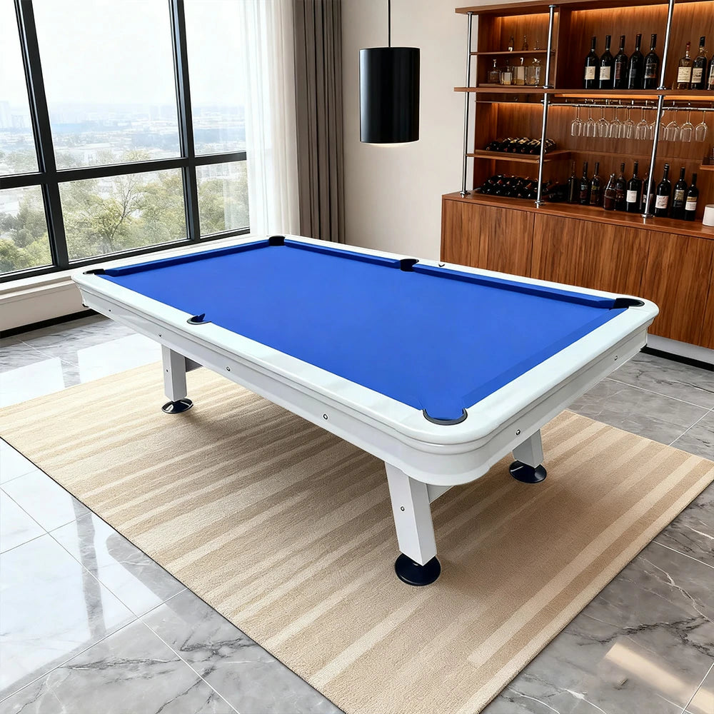 CUETIQ 8FT Outdoor Waterproof Pool Table - Carbon Steel Frame, Aluminium Rails, White Body - Blue