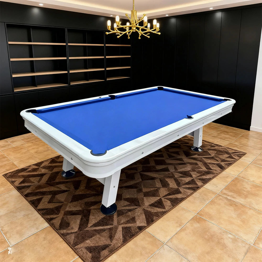 CUETIQ 8FT Outdoor Waterproof Pool Table - Carbon Steel Frame, Aluminium Rails, White Body, Free Accessories Package - Blue