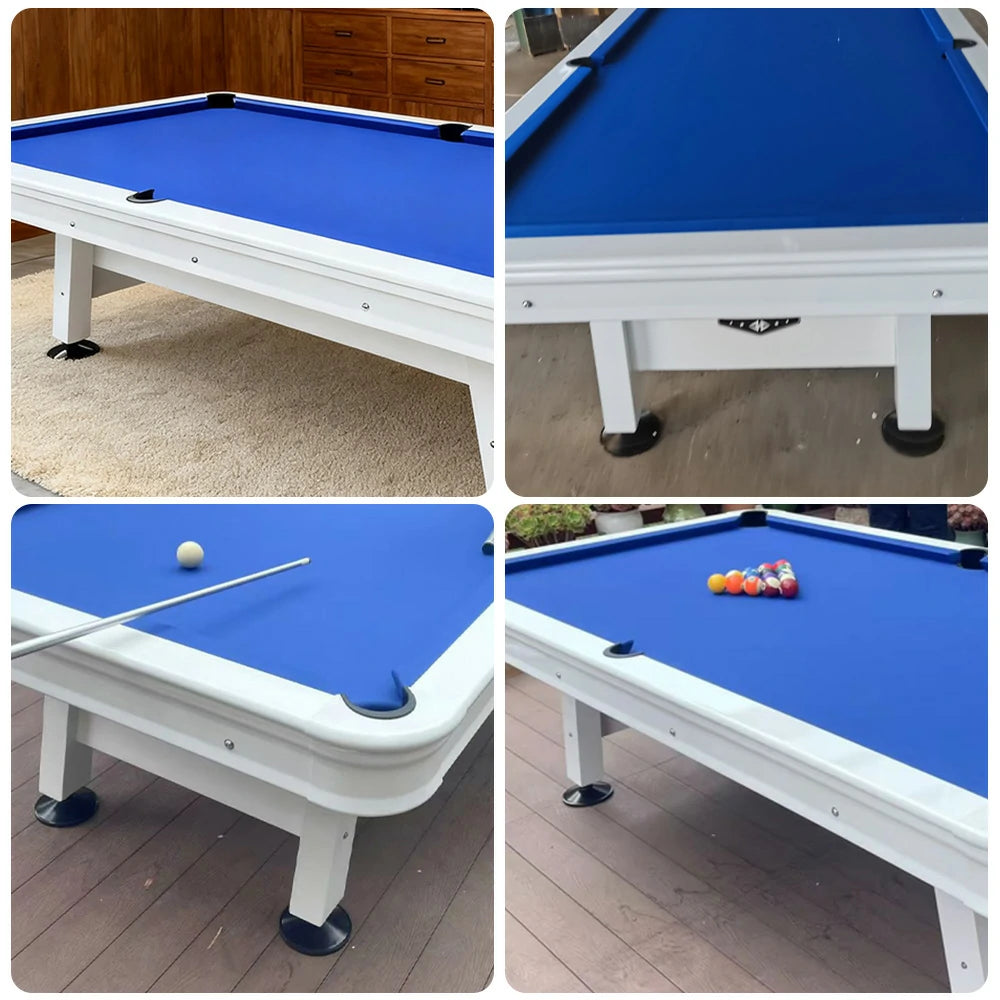 CUETIQ 8FT Outdoor Waterproof Pool Table - Carbon Steel Frame, Aluminium Rails, White Body, Free Accessories Package - Blue