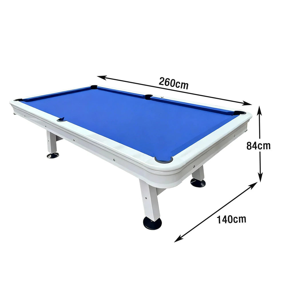 CUETIQ 8FT Outdoor Waterproof Pool Table - Carbon Steel Frame, Aluminium Rails, White Body, Free Accessories Package - Blue