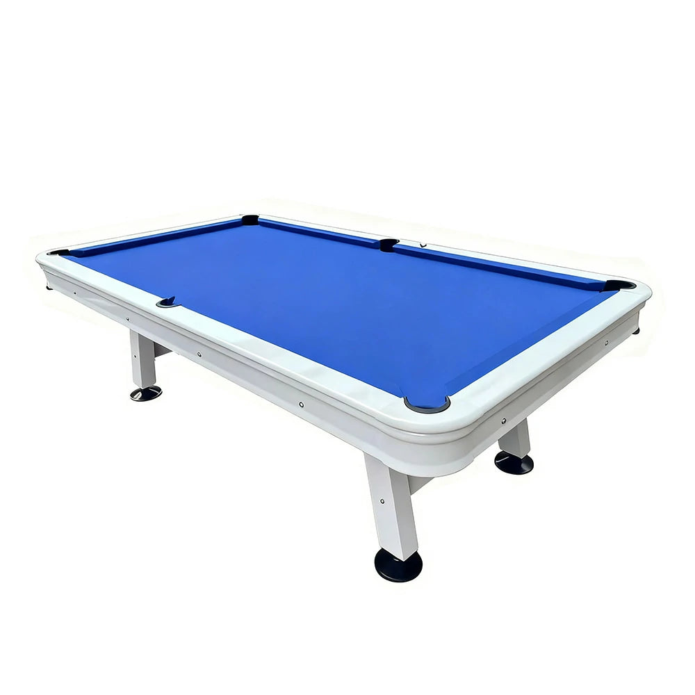 CUETIQ 8FT Outdoor Waterproof Pool Table - Carbon Steel Frame, Aluminium Rails, White Body - Blue