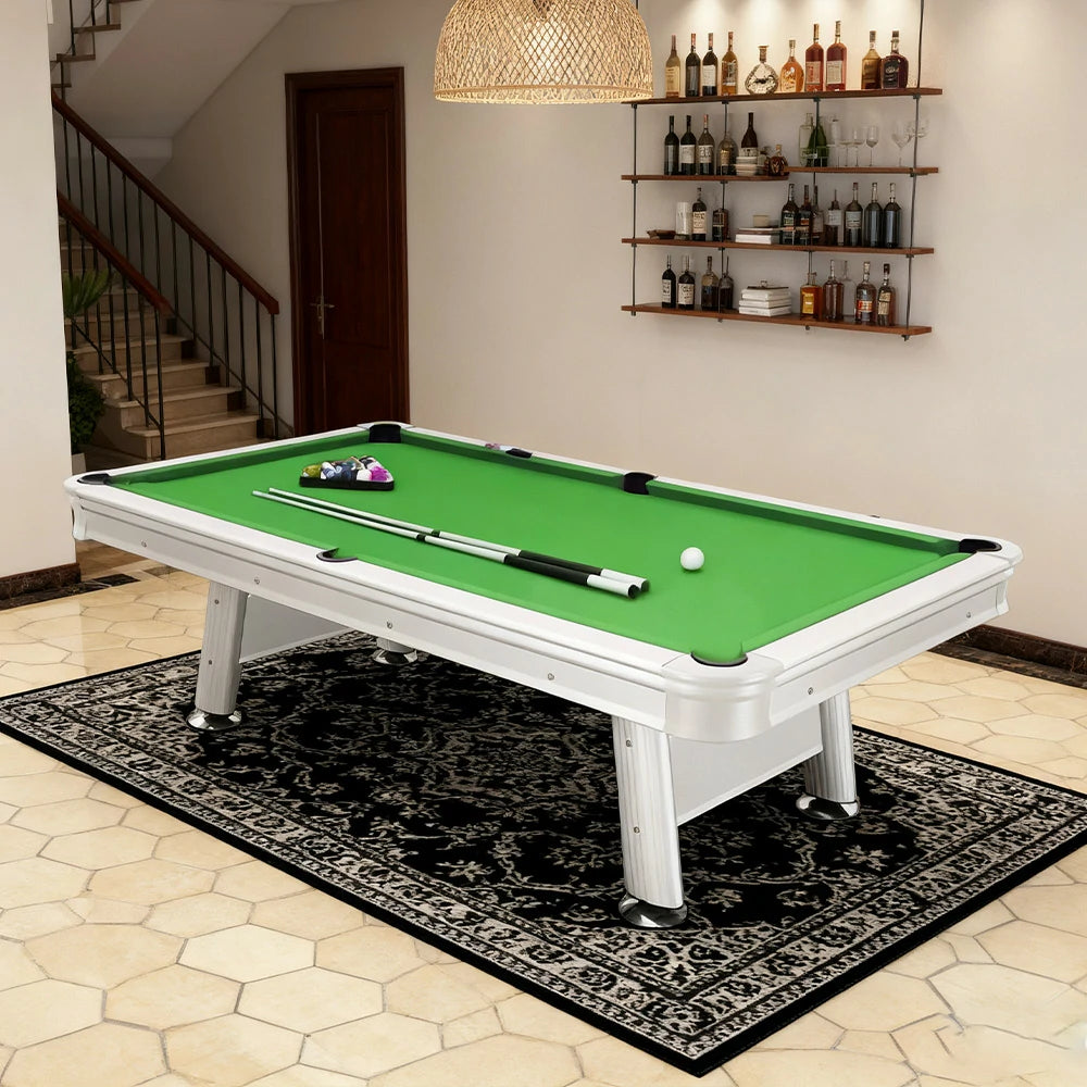 CUETIQ 8FT Outdoor Waterproof Pool Table - Carbon Steel Frame, Aluminium Rails, White Body - Green
