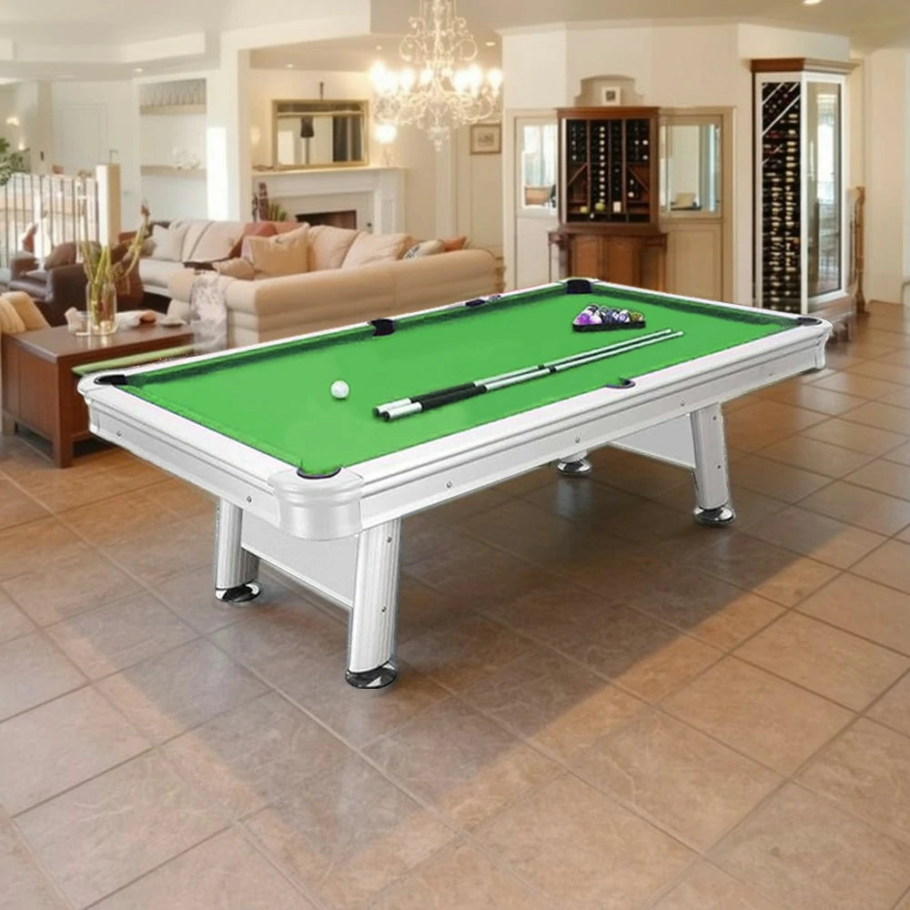CUETIQ 8FT Outdoor Waterproof Pool Table - Carbon Steel Frame, Aluminium Rails, White Body, Free Accessories Package - Green