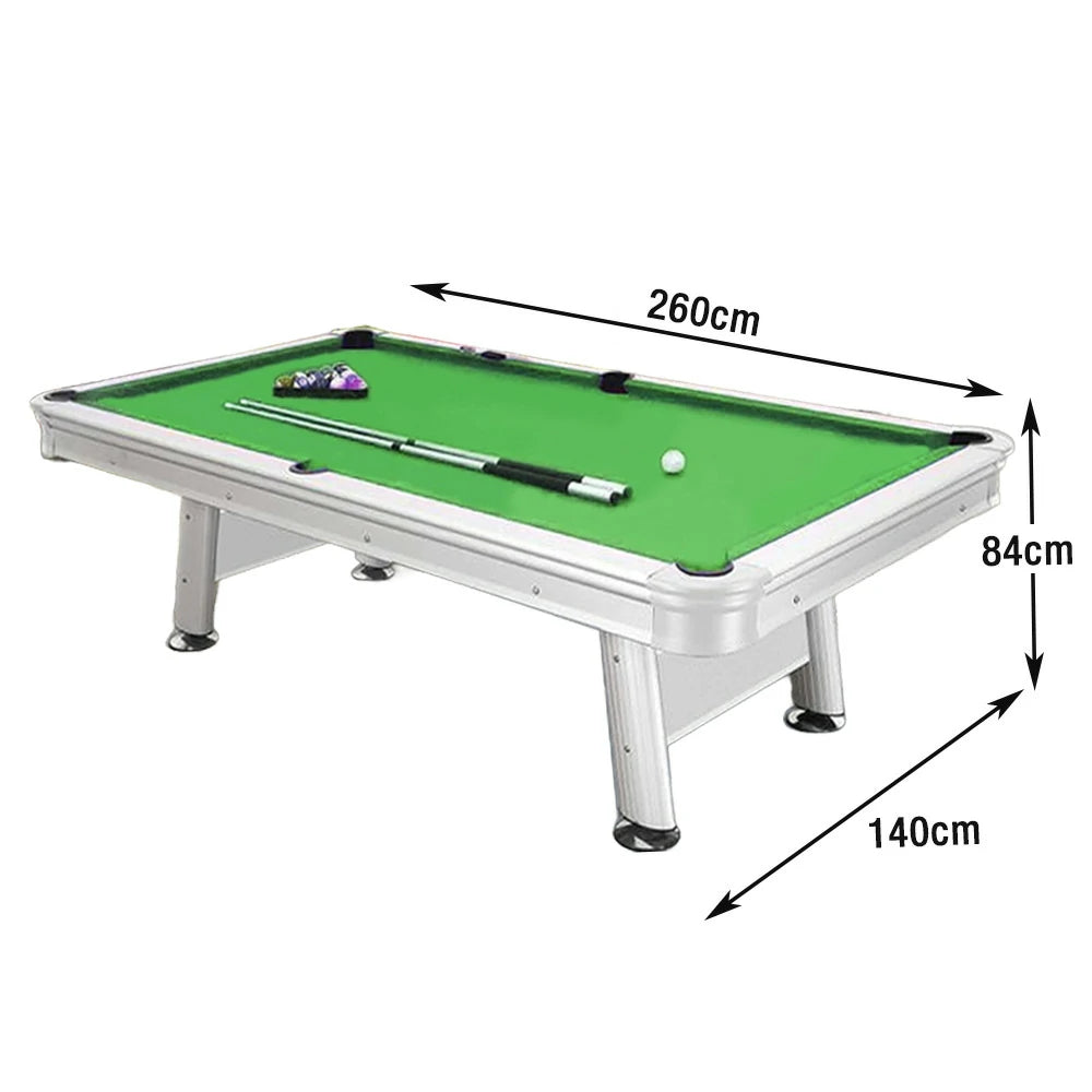 CUETIQ 8FT Outdoor Waterproof Pool Table - Carbon Steel Frame, Aluminium Rails, White Body, Free Accessories Package - Green