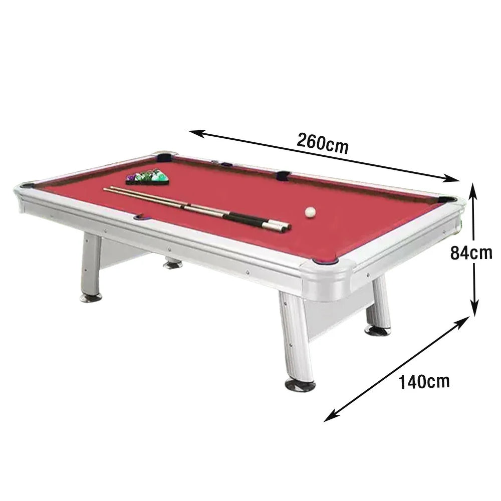 CUETIQ 8FT Outdoor Waterproof Pool Table - Carbon Steel Frame, Aluminium Rails, White Body - Red