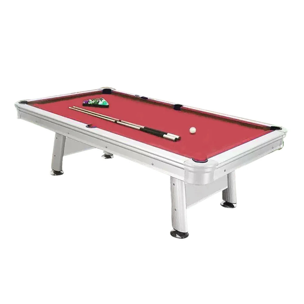 CUETIQ 8FT Outdoor Waterproof Pool Table - Carbon Steel Frame, Aluminium Rails, White Body - Red