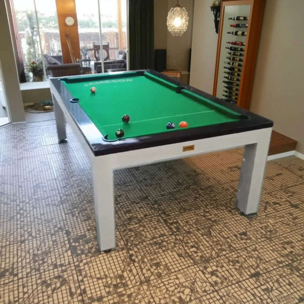 CUETIQ 6/7FT Outdoor Waterproof Pool Table Dining Top & Bench Set – Carbon Steel Frame, White & Brown Body - Green Felt