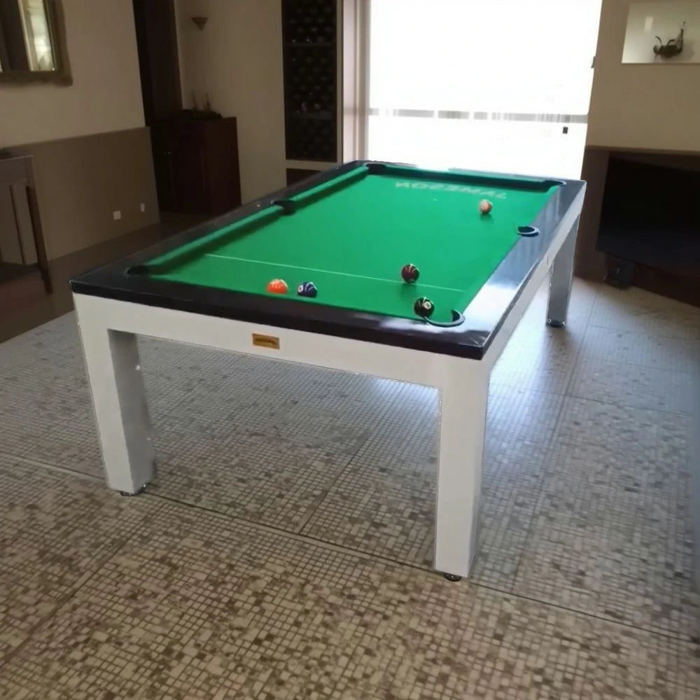 CUETIQ 6/7FT Outdoor Waterproof Pool Table Dining Top & Bench Set – Carbon Steel Frame, White & Brown Body, Free Accessories Package - Green Felt