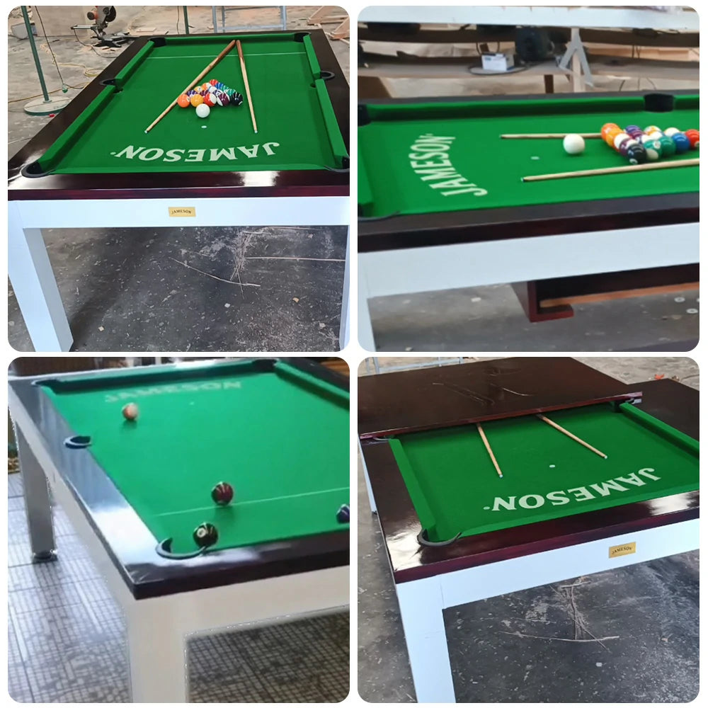 CUETIQ 6/7FT Outdoor Waterproof Pool Table Dining Top & Bench Set – Carbon Steel Frame, White & Brown Body, Free Accessories Package - Green Felt