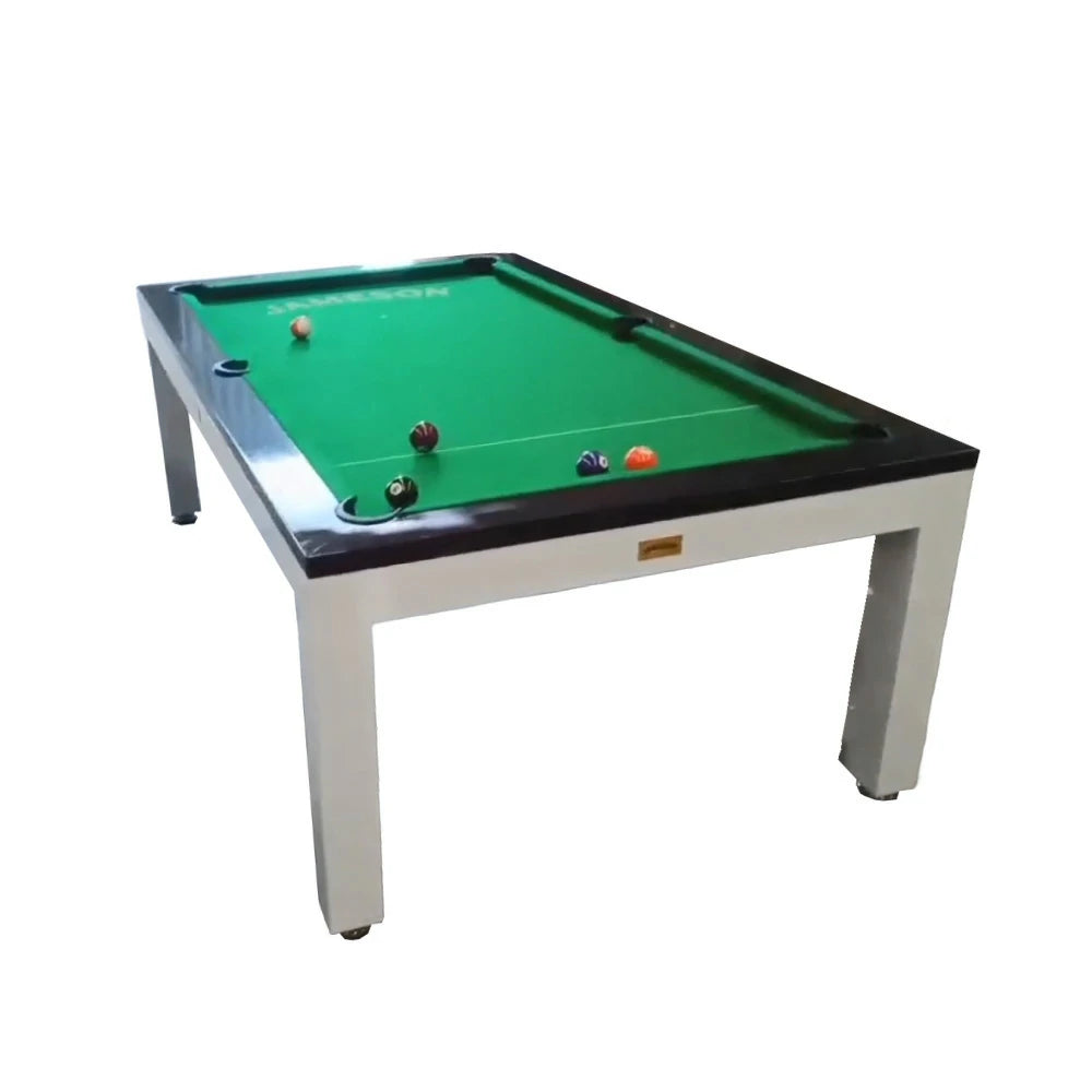 CUETIQ 6/7FT Outdoor Waterproof Pool Table Dining Top & Bench Set – Carbon Steel Frame, White & Brown Body - Green Felt