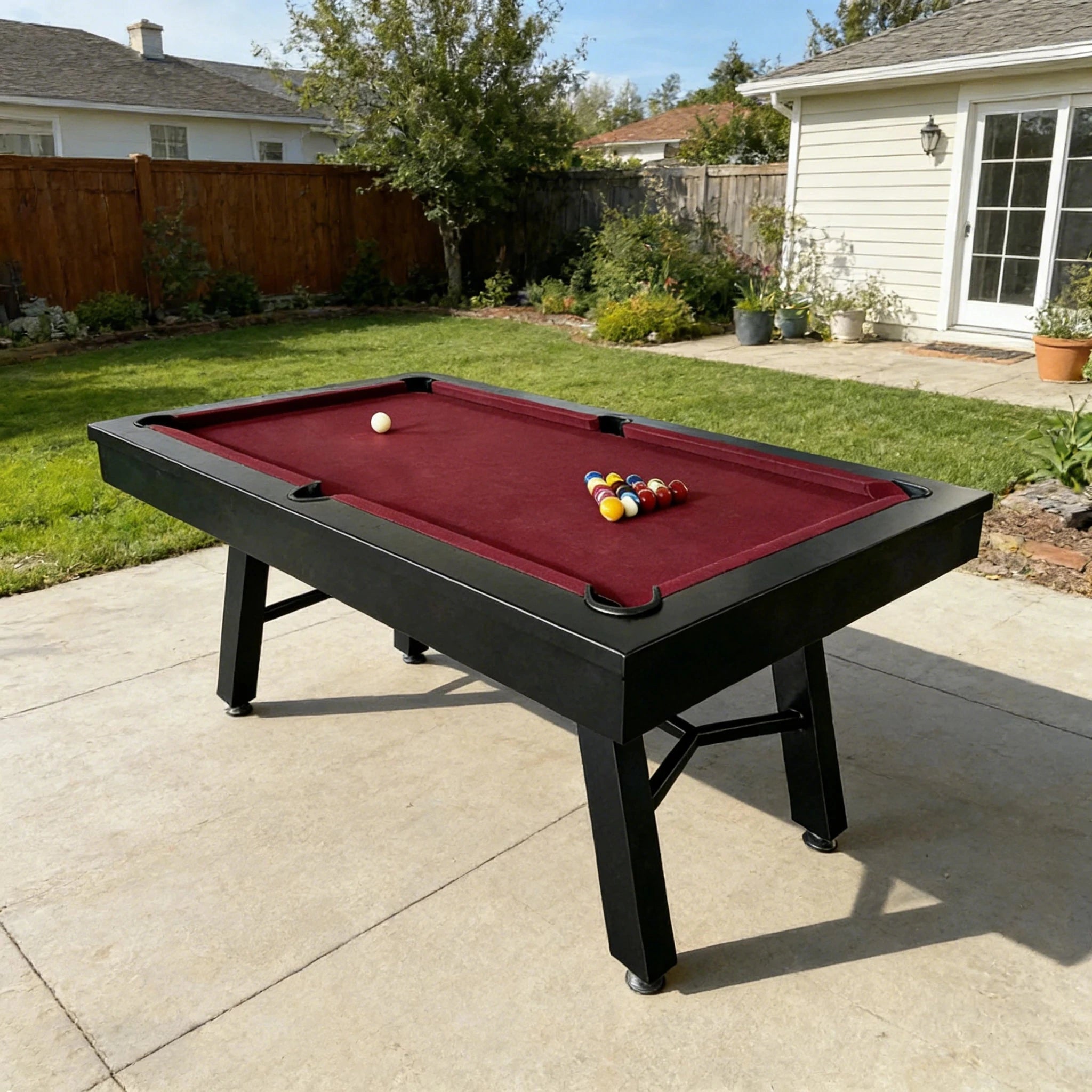 CUETIQ 7FT Outdoor Pool Table - Slanted Leg Design Metal Frame Waterproof Billiard Table for Backyard Patio Games - Black & Burgundy