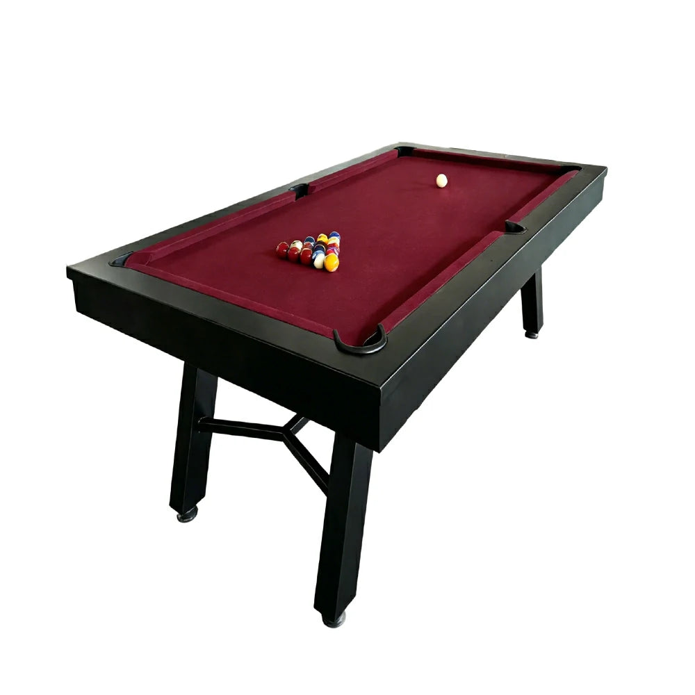 CUETIQ 7FT Outdoor Pool Table - Slanted Leg Design Metal Frame Waterproof Billiard Table for Backyard Patio Games - Black & Burgundy