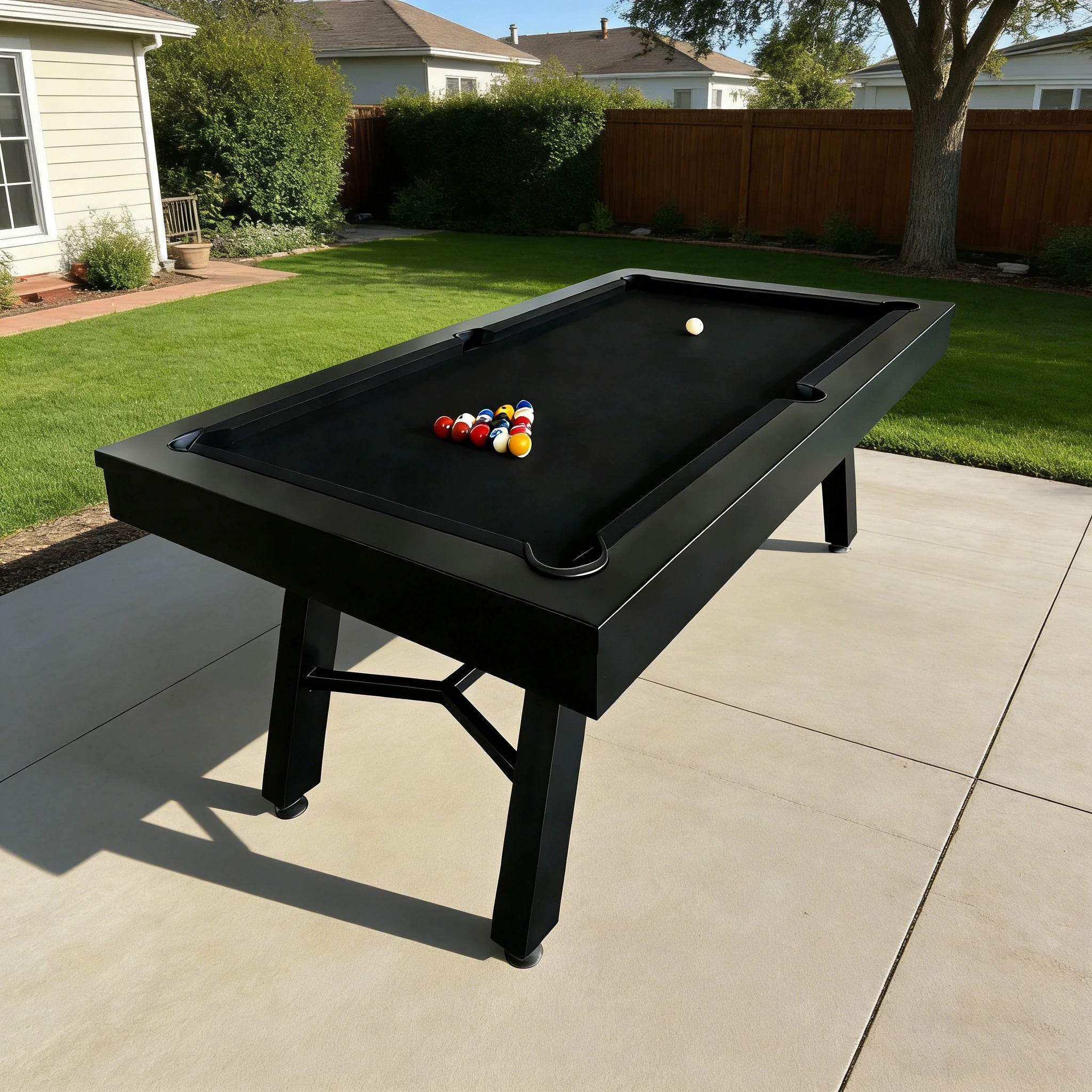 CUETIQ 7FT Outdoor Pool Table - Slanted Leg Design Metal Frame Waterproof Billiard Table for Backyard Patio Games - Black & Black