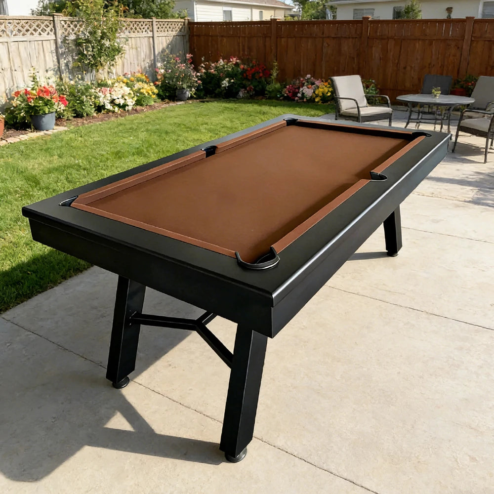 CUETIQ 7FT Outdoor Pool Table - Slanted Leg Design Metal Frame Waterproof Billiard Table for Backyard Patio Games - Black & Brown