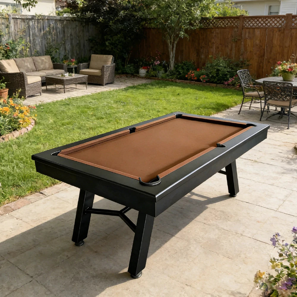 CUETIQ 7FT Outdoor Pool Table - Slanted Leg Design Metal Frame Waterproof Billiard Table for Backyard Patio Games - Black & Brown