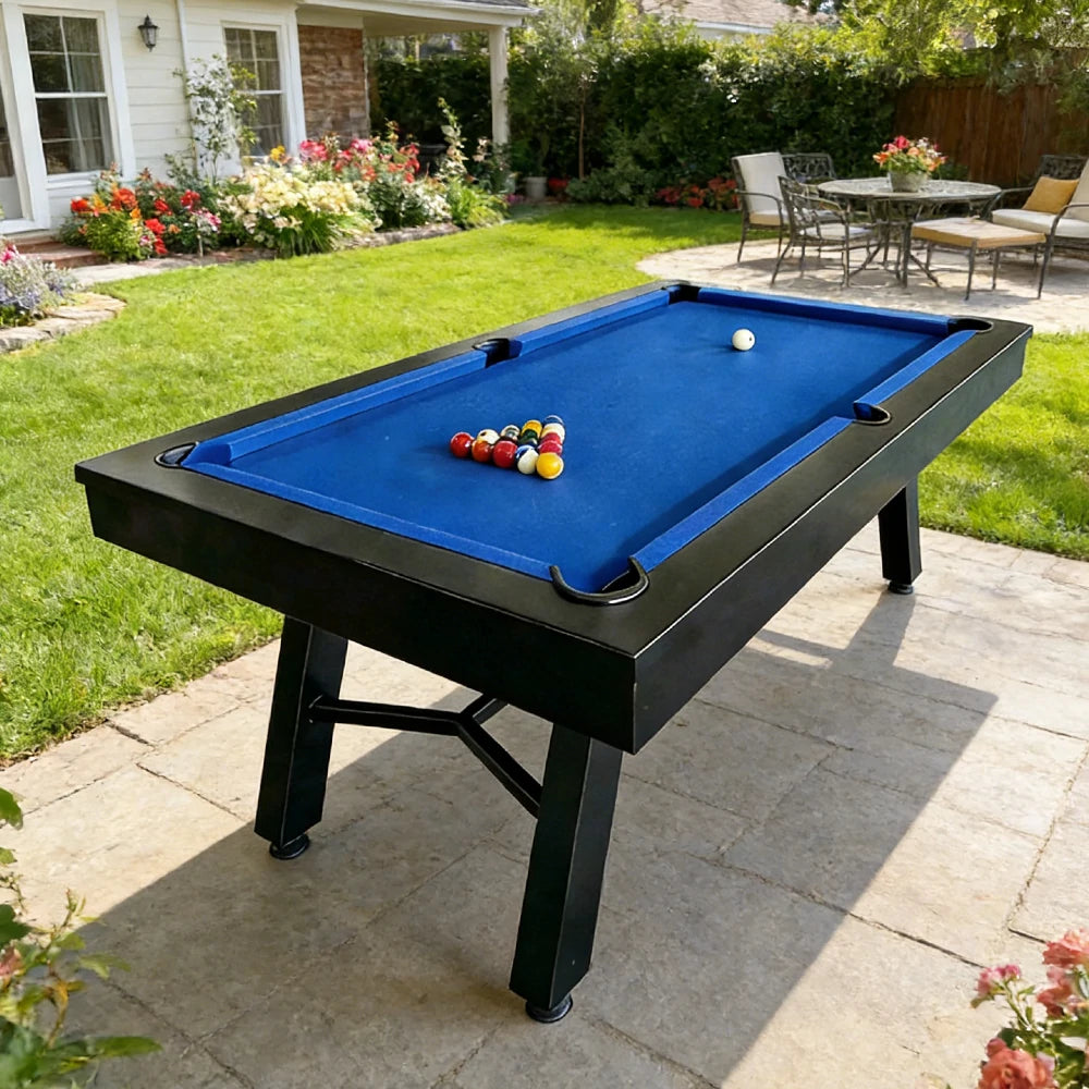 CUETIQ 7FT Outdoor Pool Table - Slanted Leg Design Metal Frame Waterproof Billiard Table for Backyard Patio Games - Black & Blue