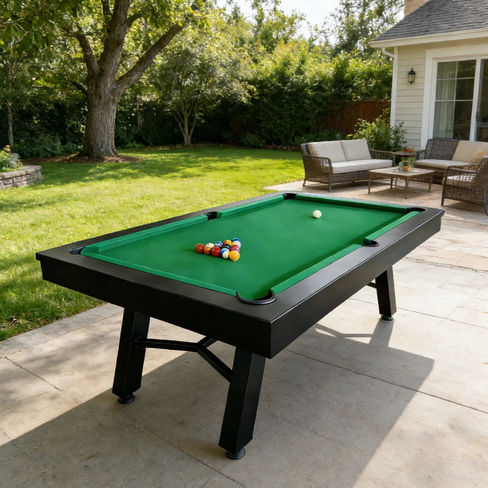 CUETIQ 7FT Outdoor Pool Table - Slanted Leg Design Metal Frame Waterproof Billiard Table for Backyard Patio Games - Black & Green