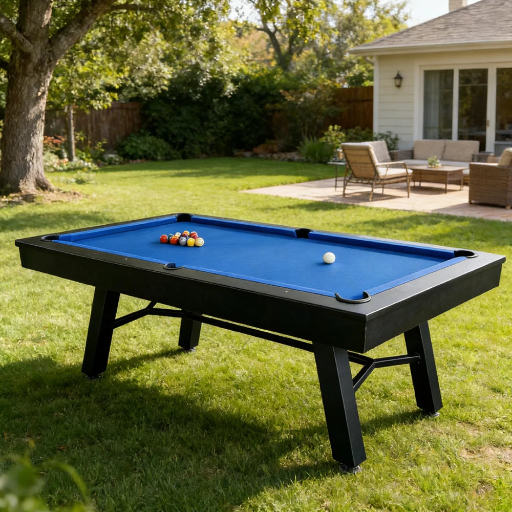 CUETIQ 7FT Outdoor Pool Table - Slanted Leg Design Metal Frame Waterproof Billiard Table for Backyard Patio Games - Black & Blue
