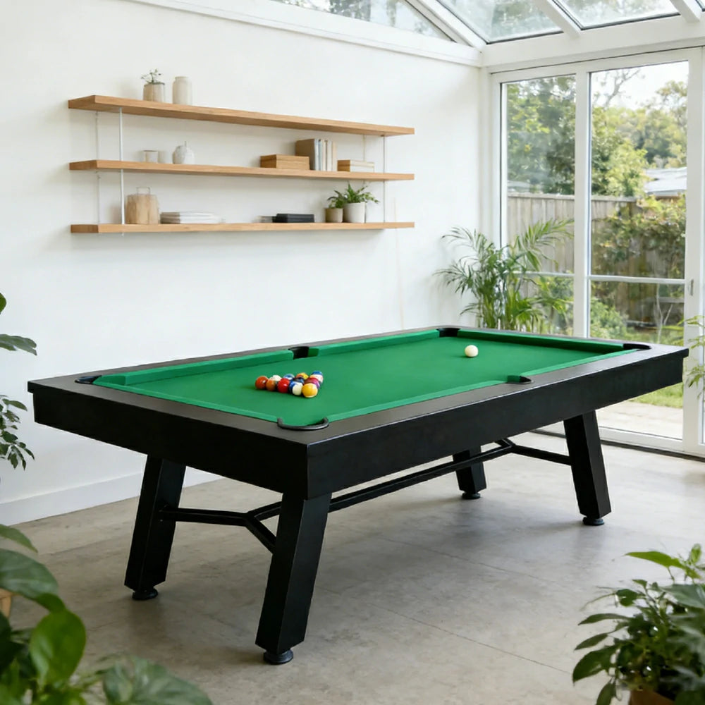 CUETIQ 7FT Outdoor Pool Table - Slanted Leg Design Metal Frame Waterproof Billiard Table for Backyard Patio Games - Black & Green