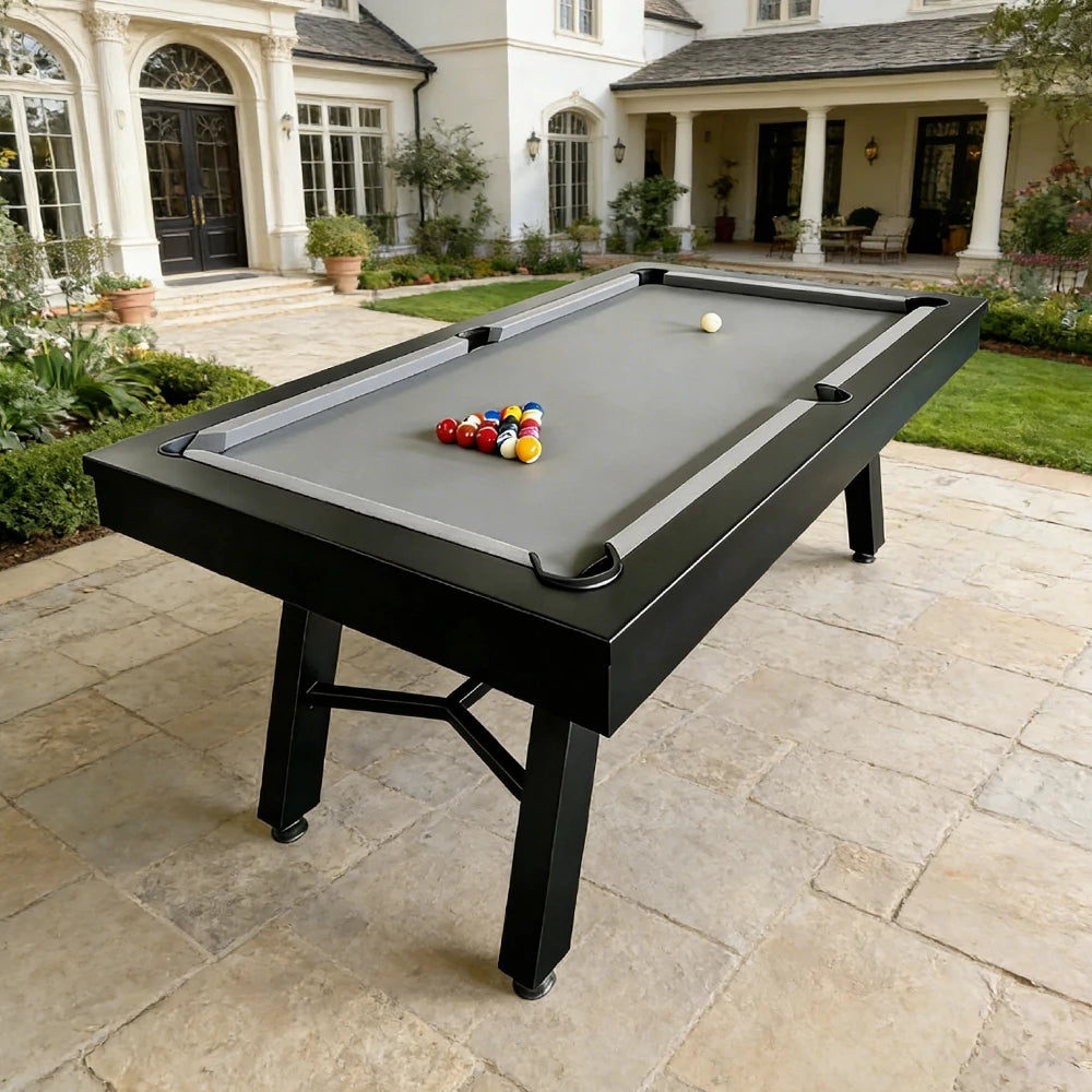 CUETIQ 7FT Outdoor Pool Table - Slanted Leg Design Metal Frame Waterproof Billiard Table for Backyard Patio Games - Black & Grey