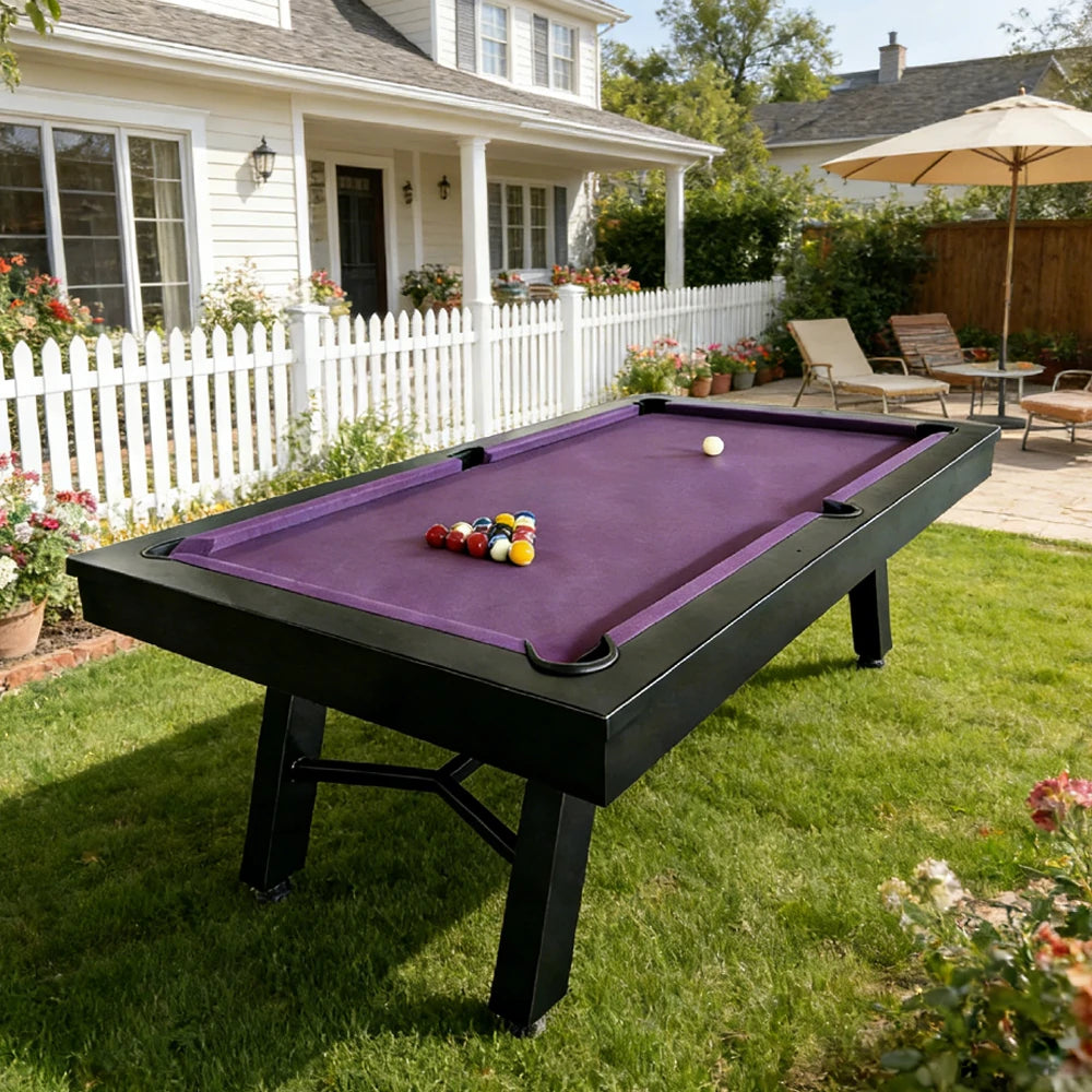 CUETIQ 7FT Outdoor Pool Table - Slanted Leg Design Metal Frame Waterproof Billiard Table for Backyard Patio Games - Black & Purple