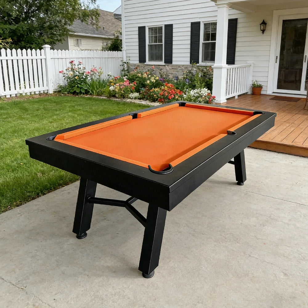 CUETIQ 7FT Outdoor Pool Table - Slanted Leg Design Metal Frame Waterproof Billiard Table for Backyard Patio Games - Black & Orange
