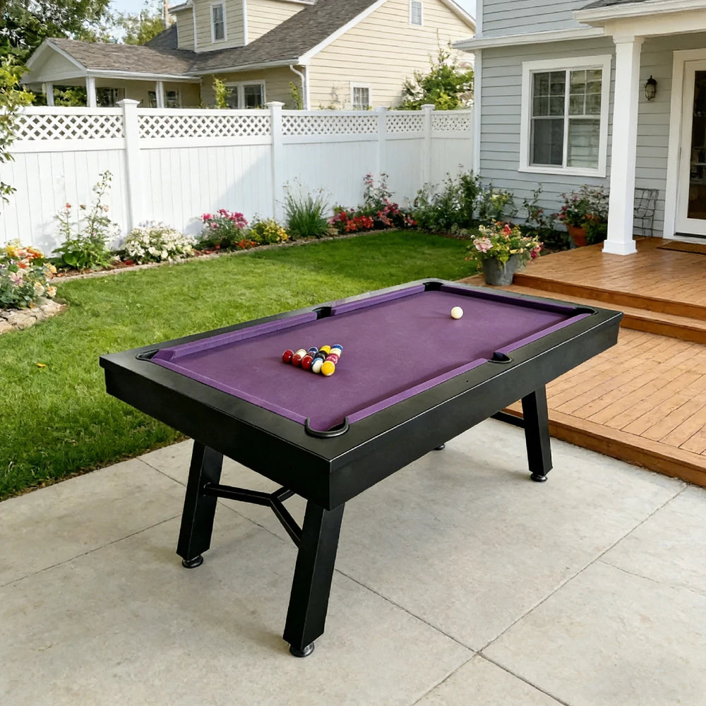 CUETIQ 7FT Outdoor Pool Table - Slanted Leg Design Metal Frame Waterproof Billiard Table for Backyard Patio Games - Black & Purple