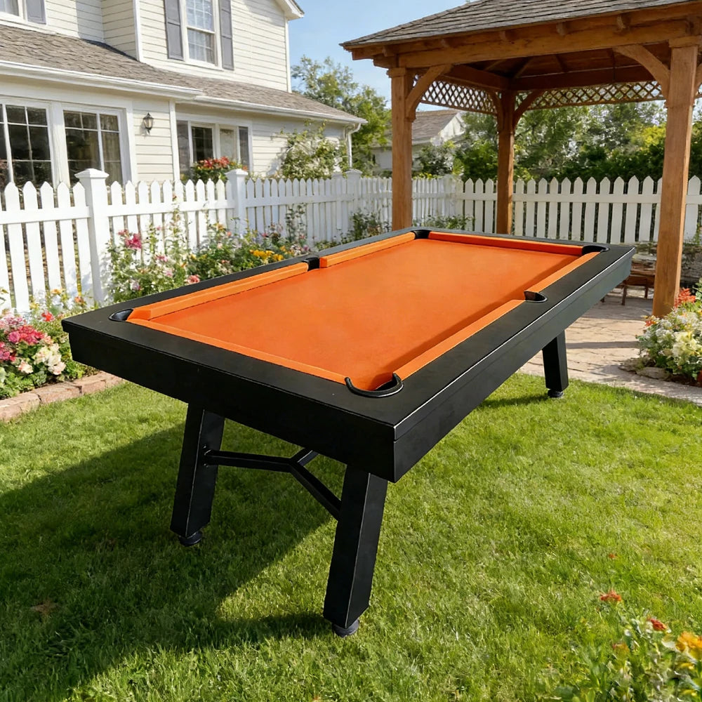 CUETIQ 7FT Outdoor Pool Table - Slanted Leg Design Metal Frame Waterproof Billiard Table for Backyard Patio Games - Black & Orange