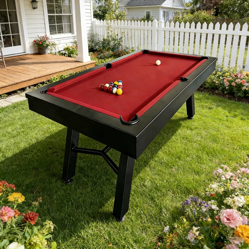 CUETIQ 7FT Outdoor Pool Table - Slanted Leg Design Metal Frame Waterproof Billiard Table for Backyard Patio Games - Black & Red