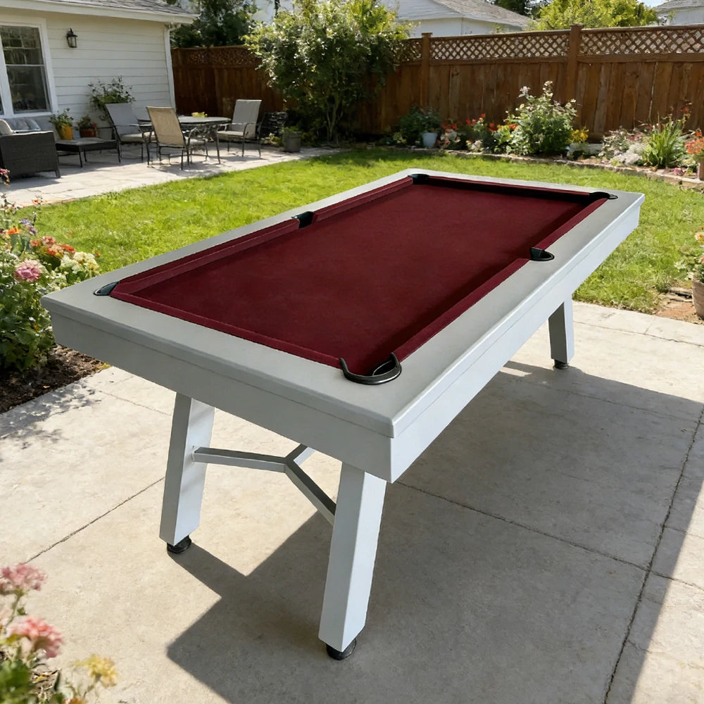 CUETIQ 7FT Outdoor Pool Table - Slanted Leg Design Metal Frame Waterproof Billiard Table for Backyard Patio Games - Grey & Burgundy