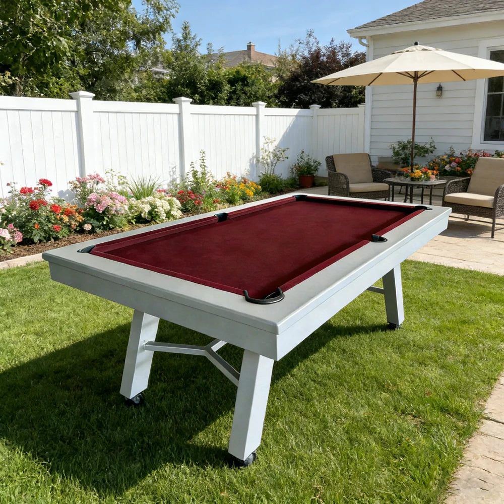 CUETIQ 7FT Outdoor Pool Table - Slanted Leg Design Metal Frame Waterproof Billiard Table for Backyard Patio Games - Grey & Burgundy
