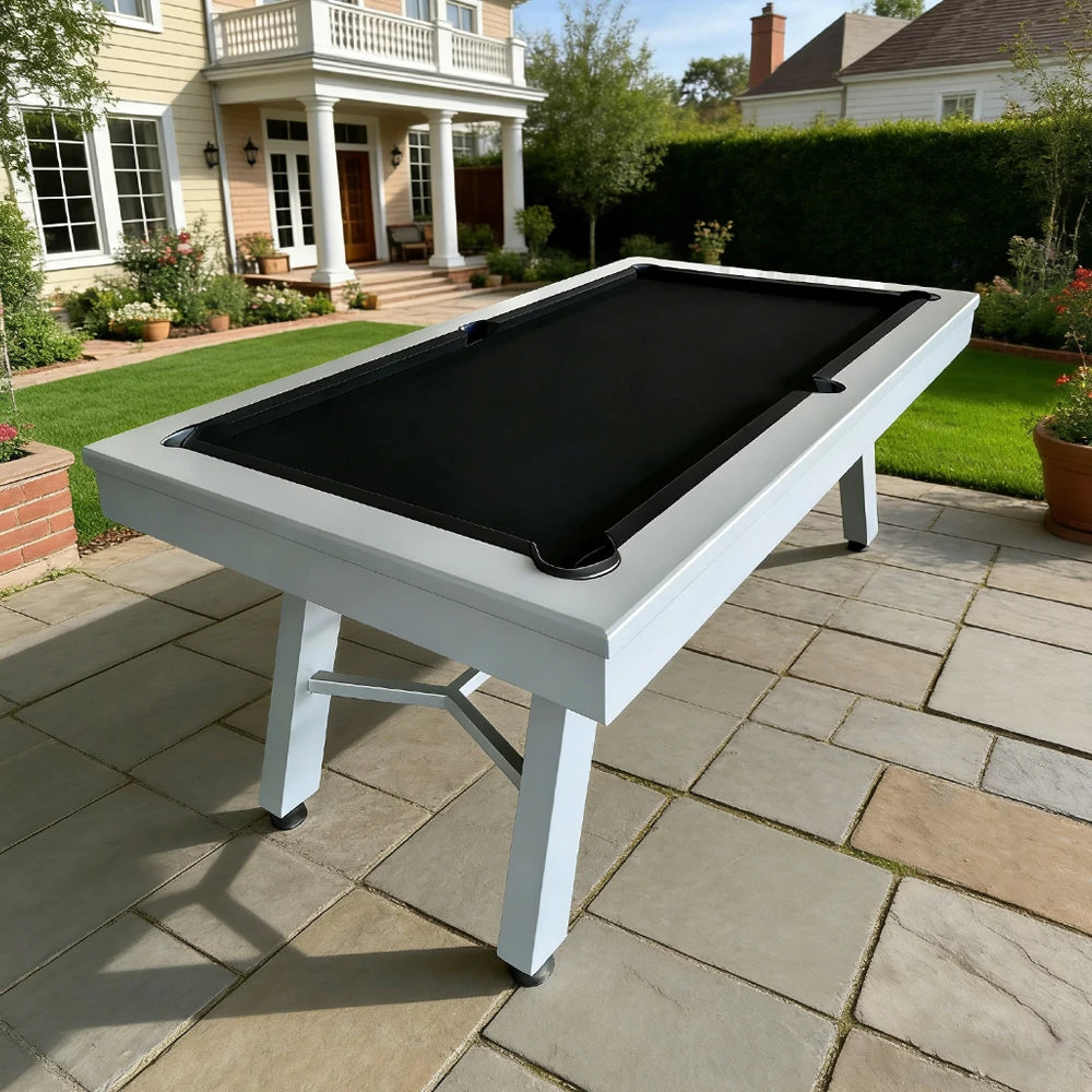 CUETIQ 7FT Outdoor Pool Table - Slanted Leg Design Metal Frame Waterproof Billiard Table for Backyard Patio Games - Grey & Black