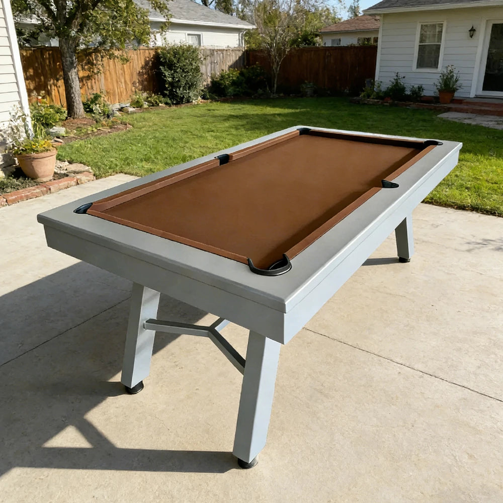 CUETIQ 7FT Outdoor Pool Table - Slanted Leg Design Metal Frame Waterproof Billiard Table for Backyard Patio Games - Grey & Brown