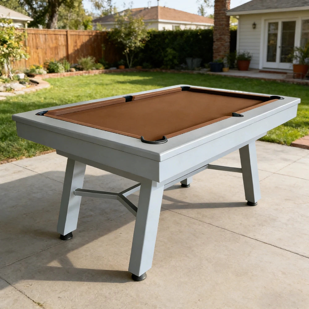 CUETIQ 7FT Outdoor Pool Table - Slanted Leg Design Metal Frame Waterproof Billiard Table for Backyard Patio Games - Grey & Brown