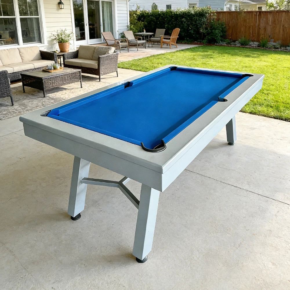 CUETIQ 7FT Outdoor Pool Table - Slanted Leg Design Metal Frame Waterproof Billiard Table for Backyard Patio Games - Grey & Blue