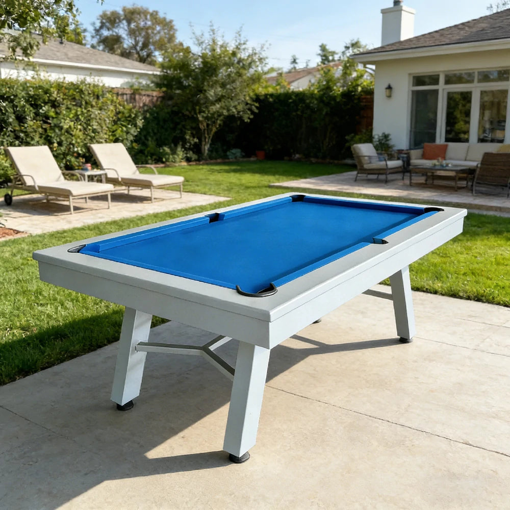 CUETIQ 7FT Outdoor Pool Table - Slanted Leg Design Metal Frame Waterproof Billiard Table for Backyard Patio Games - Grey & Blue